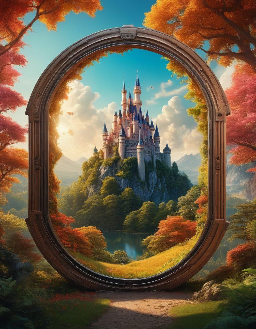 A vibrant collage showcasing a film reel morphing into a video play button, intertwined with elements of fantasy like castles, dragons, and enchanted forests. Include a mature audience engaging with diverse video content on screens reflecting deep themes. The backdrop is a surreal blend of reality and fantasy, creating a whimsical yet engaging atmosphere. Super-realistic. Vibrant colors. 3D.