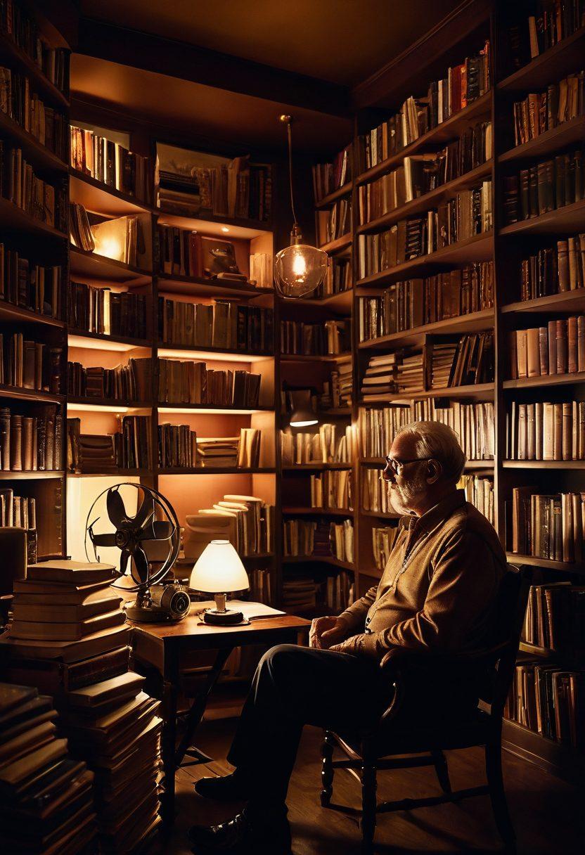 A thought-provoking scene depicting a mature storyteller in a cozy, dimly-lit room surrounded by shelves of books and vintage film reels, with a projector casting soft, flickering images of iconic adult films on a wall. The storyteller, an older individual, has an engaging expression, igniting curiosity about narratives and adult themes. Warm, rich colors with a slight vintage filter enhance the intimate atmosphere. surrealistic. warm tones. soft lighting.