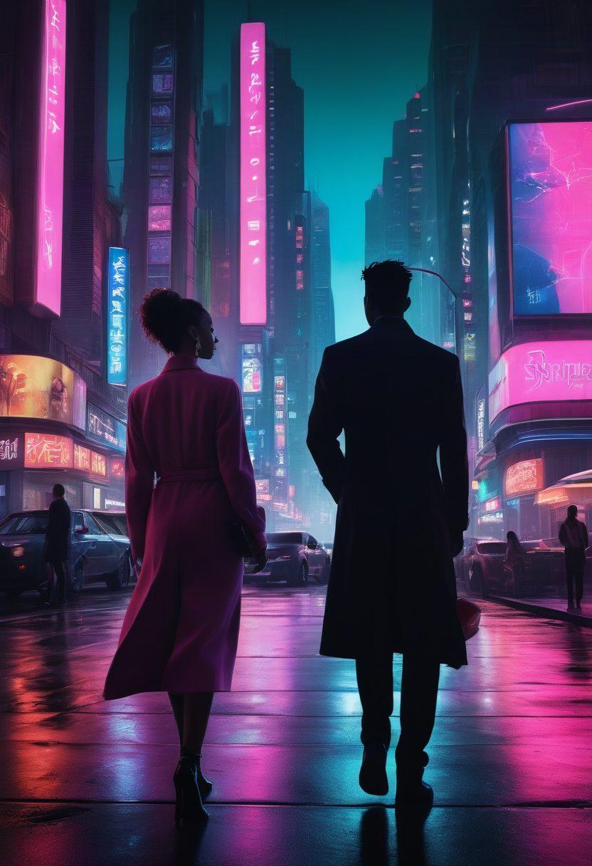 A modern, sleek cityscape at dusk, where neon lights illuminate the streets. Silhouettes of diverse couples enjoying nightlife, surrounded by art-deco inspired billboards showcasing abstract adult-themed art. There should be a balance between sophistication and allure, highlighting empowerment and exploration. The overall atmosphere should feel vibrant and welcoming. cyberpunk. neon colors. high contrast.